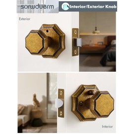 SORWDUERM 1 Pack Antique Brass Privacy Door Knobs Aged Brass Octagonal Interior Closet Hallway Interior Vintage Door Knob