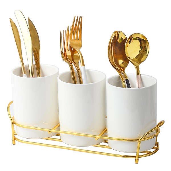 3-Piece White Ceramic Silverware Caddy with Black Metal Rack, Utensil