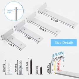 Shelf Brackets, Heavy Duty Floating Shelf Brackets 10-Inch Long, 6-Pack Brackets for Shelves, Matte White L Hidden Metal Wall Shelf Support Shelving Brackets, 1/5-Inch Thick 160 lb. Load Capacity