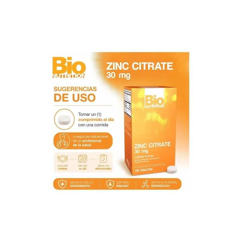 Citrato De Zinc 30mg 100 tabletas Bio Nutrition