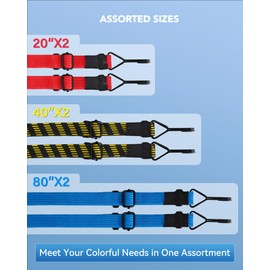 20" 40" 80" Flat Adjustable Bungee Cords Assorted Sizes, Easy-to-Adjust Heavy Duty Bungee Straps with 200 Lbs Max Break Strength & UV Protection, Perfect for Tents, Cargo, Luggage, Bike, etc. (6 Pcs)