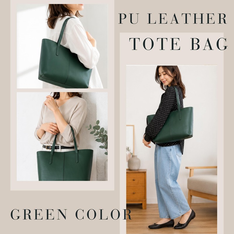 pokiele Tote Bag, PU Leather, Compatible with A4, Business, Casual,