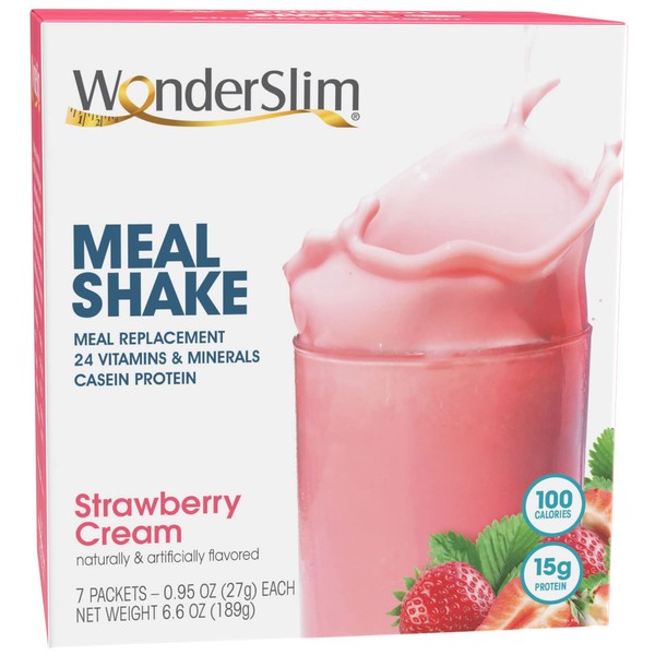 WonderSlim Meal Replacement Shake, Strawberry Cream, 100 Calories, 15g Protein, 24 Vitamins & Minerals (7ct)