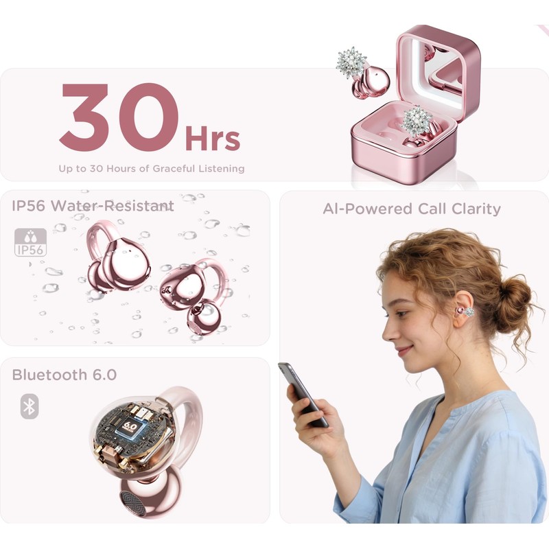 YUEHEMEI Clip on Open Ear Wireless Earbuds with Snowflake Earrings