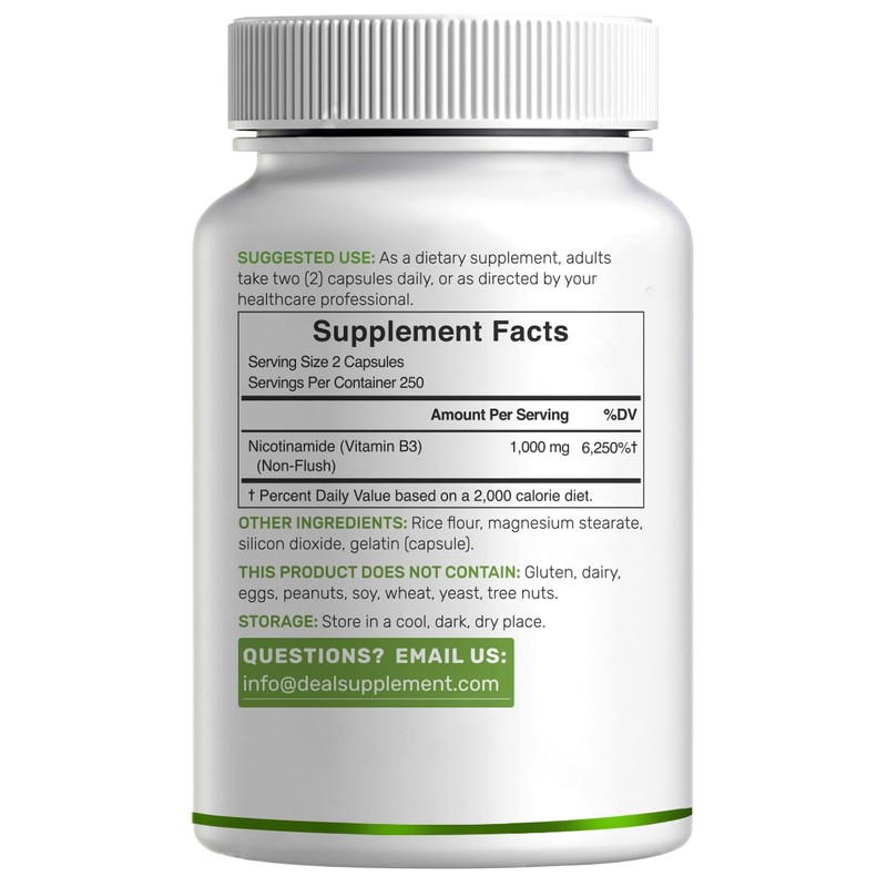 Vitamin B3 Nicotinamide 1,000mg Per Serving – 500 Capsules, Flush
