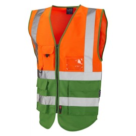 Leo Workwear Lynton W11 Dual Colour Hi-Vis Class 1 Multi-pocket Superior Waistcoat, M, Orange-Green