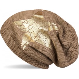 styleBREAKER knitted beanie hat with vintage star print and rhinestone border, knitted hat with stripe pattern, unisex 04024083, Color Brown/Gold