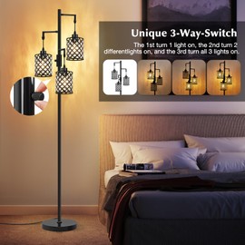GyroVu Crystal Floor Lamps for Living Room, 3-Light Black Floor Lamp, Standing Tall Lamp with Elegant K9 Crystal Shade & Rotary Switch, Modern Corner Floor Lamp for Bedroom, Home Office, Reading