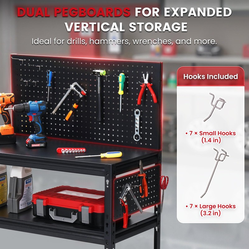 ENJOYWOOD Workbench with Dual Pegboards 3-Tier Adjustable Rolling Work Table