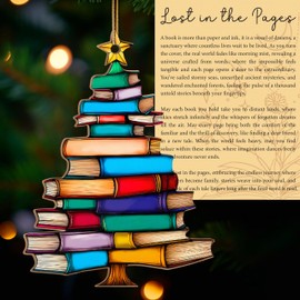 Stack of Books Christmas Ornament 2024, Tree Ornament Bookish Gifts for Book Lovers, Librarians, Reader, Bookworm, Book Club, Book Themed Present Ideas for Women (Wood Ornament with Card)