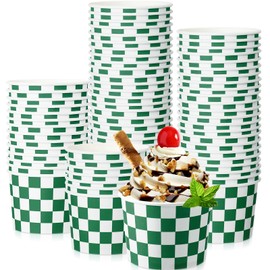 Zopeal 50 Count Checkered Ice Cream Cups Disposable 9 oz Paper Ice Cream Bowls Snack Cups Race Car Birthday Party Supplies Sundae Picnic Dessert Yogurt Bowls Plaid for Food(Dark Green)