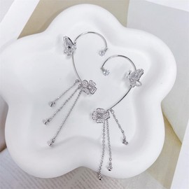 Dainty Butterfly Flower CZ Ear Cuffs Wrap Tassel Chain Dangle Earrings for Women Non Pierced Ears Climber Crawler Threader Crystal Fairy Cosply Earring Hypoallergenic Fashion Jewelry Wedding Party Gift Her Valentine's Day 1 Pair (Silver)