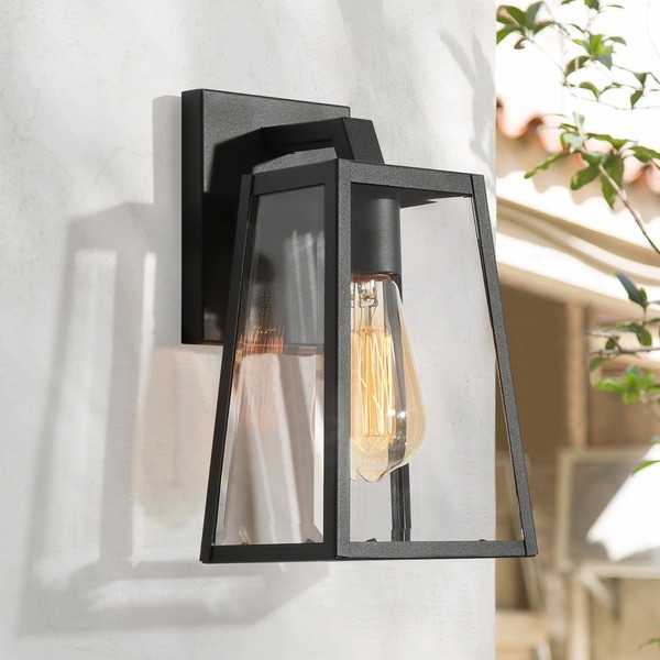 Black Outdoor Wall Lights, Modern Farmhouse Waterproof Anti-Rust Exterior Wall Sconces Trapezoid Light Fixtures with Clear Glass Shade for Porch, Patio, Yard, Garage, Front Door