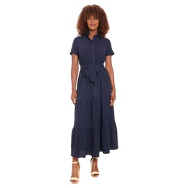 London Times Women's Dresses Women's Button Down Short Sleeve Tiered Maxi Dress with Pockets and Belt - Casual Long Summer Dress, Navy, Small