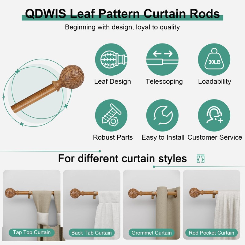 QDWIS Wood Curtain Rods for Windows 48 to 84 Inch,