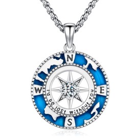 Eusense Compass Pendant 925 Sterling Silver Compass Necklace Jewellery Graduation Memorial Gift for Men Women, Sterling Silver, No Gemstone