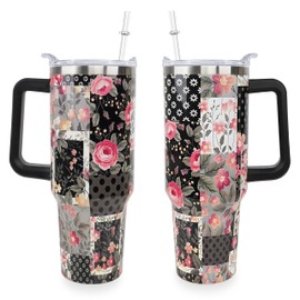 Sunmdecor Mother's Day Nice Gift for Mom Grandma - Pioneer Women Tumbler with Handle and Silicone Straws - 40 Oz Flower Cups Insulated Tumbler - Birthday Gift for Wife