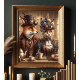 Steampunk Red foxes Female & Male, Drinking coffee, tea, vintage art painting