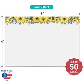 321Done Floral Sunflower Index Cards - (50) 4x6 White Cards - Blank, No Lines - For Studying, Learning, Flashcards, Desk Notes, Messages, Notecards, Card Making - Cute, Pretty, Fancy - Made in USA