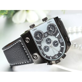 JewelryWe Fashion Men's Watch with 3 Quartz Movement Big Dial Black Leather Band Casual Wristwatch