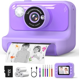 Hangrui Kids Camera Instant Print, 2.4'' Instant Camera for Kids, 1080P Kids Digital Camera with 32GB Card & 3 Rolls Photo Paper, Christmas Birthday Gifts Kids Toys for Girls & Boys Aged 3-12 -Purple