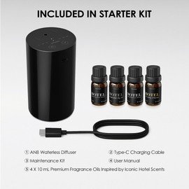 Airversa Waterless Essential Oil Diffuser Starter Kit with 4 x 10mL Hotel Scent Fragrance Oil, Battery Operated Mini Scent Air Machine Portable Diffuser for Home Car Office, AN8 Kit Black
