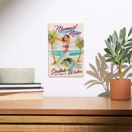 Lantern Press 6x9 Inch Wood Sign, Ready to Hang Wall Decor, Key West, Florida, Mermaid Kisses and Starfish Wishes, Watercolor