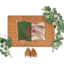 DecStic Flagpole with Algeria Flag Coir Mat Farmhouse National Pride Door Mat Weather Resistant Non Slip Doormat Decorative for Entry Porch Deck Patio Mudroom Housewarming Gift 16x24in