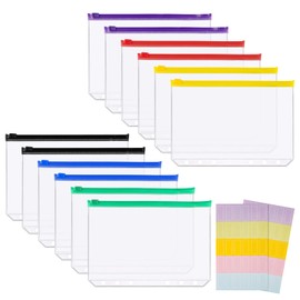 WINKIO A5 Binder Bags, Pack of 12 6-Hole Binder Pockets, Zip Folder with 2 Sticker Labels, Waterproof PVC Transparent A5 Transparent Sleeves for Files, Documents, Notebooks, Cards, transparent, Zip
