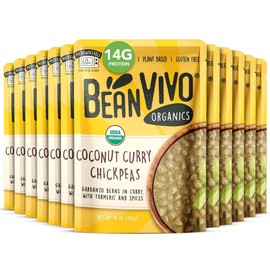 BeanVIVO (Pack of 12) Organics 14G Plant based Coconut Curry Chickpeas - Good Source of Fiber - Nutritious & Microwave Meal - Gluten-Free Plant Food - 10 oz
