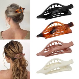 Flat Hair Clips for Women 4Pcs Flat Claw Clips Lay Flat Claw Clip Alligator Hair Clips for Thick Thin Short Long Hair Strong Hold Hair Accessories GRWM (Black & Tortoise & White & Brown)