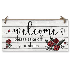 The Plum Penguin Handmade Wooden Hanging Wall Plaque Welcome Please Take Off Shoes Decorative Sign Family Home Hallway