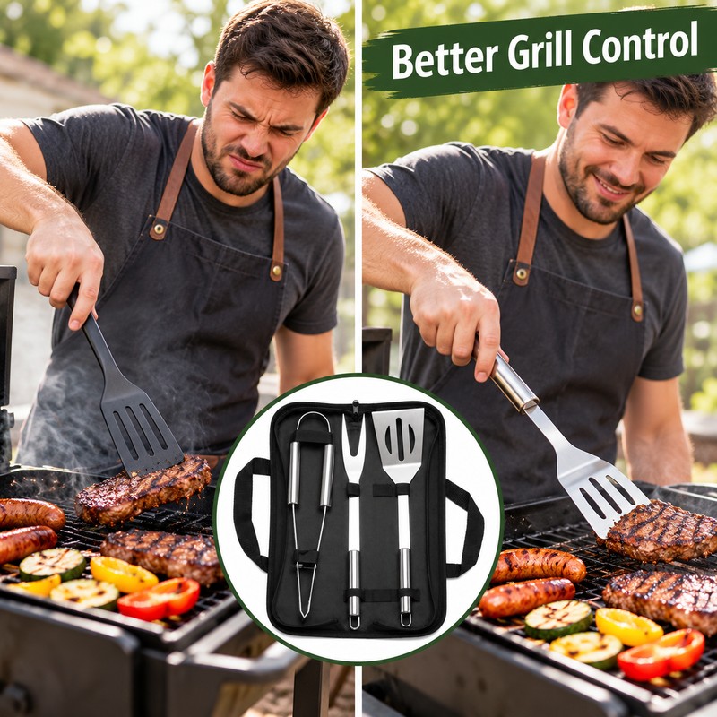 3-Piece Stainless Steel BBQ Grill Tool Set for Outdoor Cooking