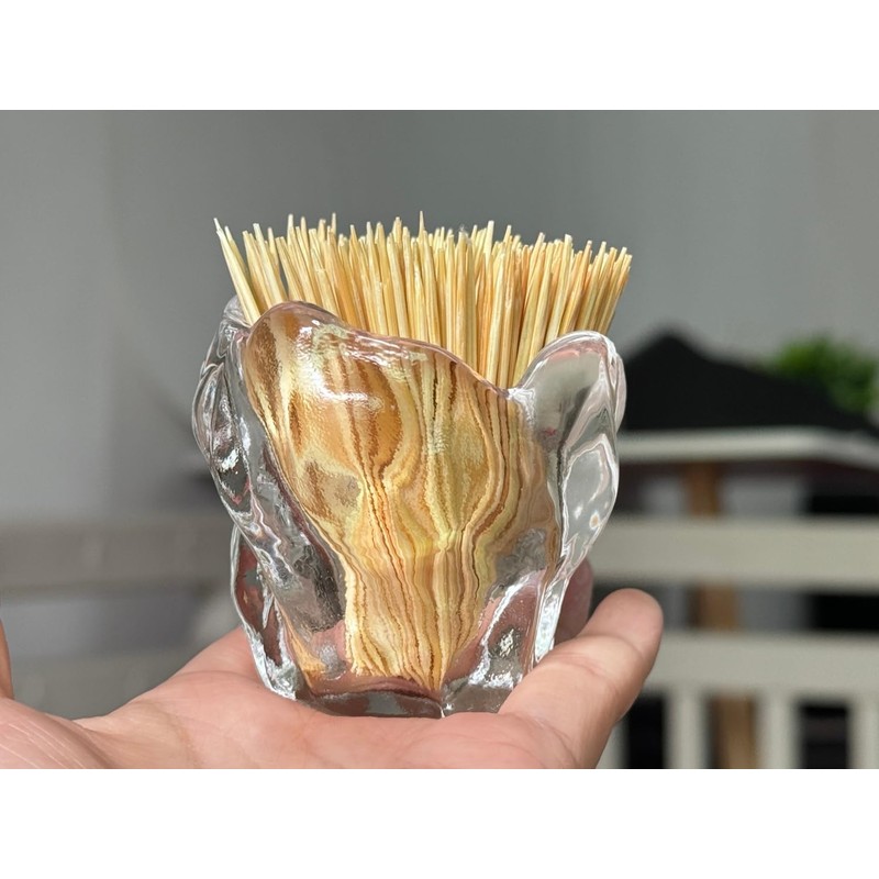Glass Toothpick Holder with Bamboo Toothpicks – Decorative Crystal Toothpick