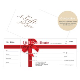Custom Gift Certificates Cards with Envelopes 100 set -RED-RIBBON-Gift Coupons,Vouchers for Small Business,Spa,Makeup,Hair Beauty Salon,Restaurant,Wedding Bridal,Baby Shower,Holiday,Christmas,Birthday