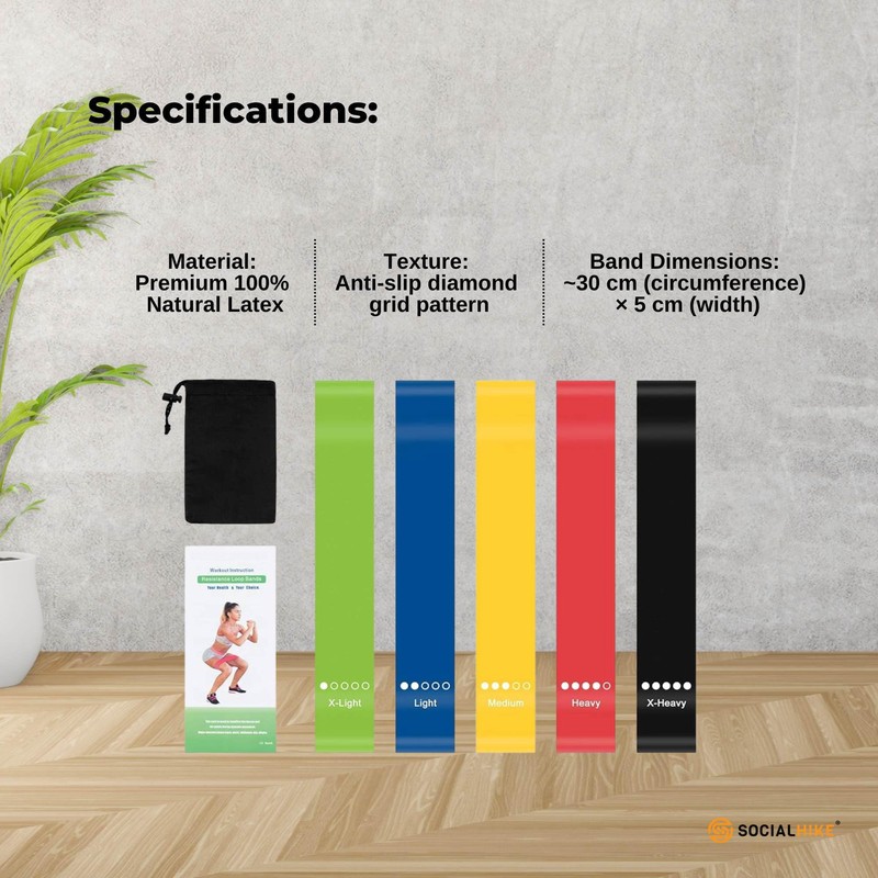 Social Hike Resistance Bands 5-Pack – Anti-Slip Latex Workout Loops