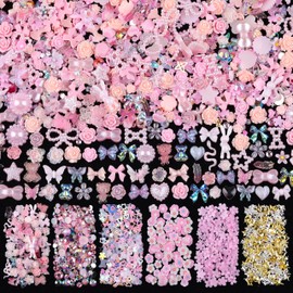 1500Pcs 3D Nail Charms for Acrylic Nails, Resin Butterfly Flower Star Heart Bow Charms Flatback Pearls Rhinestone Metal Gems Charm for Nail Art Design DIY Crafts (1500Pcs-Pink)
