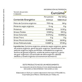 Vitday Vitagold - Cúrcuma Orgánica - 90 Cápsulas Vegetales - Curcumina Pimienta Negra - Suplemento Alimenticio 100% Natural - Sin Gluten y Sin OGM - Vegetariano