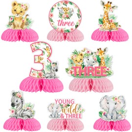 Young Wild and Three Birthday Decorations for Girl, Safari Centerpieces for Tables, Double-Sided Printing Pink Jungle Safari Animal Centerpiece Honeycomb for Table Safari 3rd Birthday Decorations