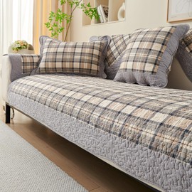 Huierxun Buffalo Plaid Cotton Quilted Sofa Couch Cover for Dogs Farmhouse Country Soft Sectional Couch Covers Anti-Slip Sofa Slipcover Washable Furniture Protector for Pet Cat (Grey,36"x36")