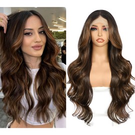 Sapphirwigs Brown Lace Front Wig, Synthetic Body Wave, 13 x 4 Lace Wig, Balayage Kanekalon Futura Wig, Party, Date, Daily Wear, Natural Looking Wig, 66 cm/66 cm