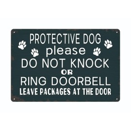 Protective Dog Please Do Not Knock or Ring Doorbell Ring Doorbell Leave Packages at The Door Metal Sign Hanging Sign Rustic Tin Metal Farmhouse Home Decor 12x8 inch