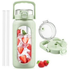 BLUEGO 64oz Glass Water Bottle with Handle and Straw, Motivational Sports Water Bottle with Time Marker and Silicone Sleeve Leakproof Drinking Bottle for Travel Gym Workout, Light Green