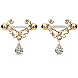 Forbidden Body Jewelry 14g 9/16 Inch (14mm) Rose Gold Plated Heart Filigree CZ Tear Drop Partial Nipple Shield Barbell Set