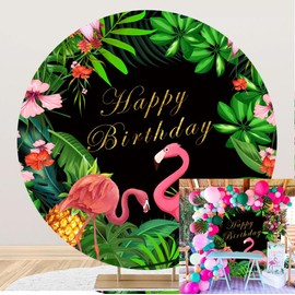 Laeacco 7.2x7.2ft Flamingo Birthday Round Backdrop Cover Summer Tropical Green Palm Leaves Pineapple Flowers Glitter Happy Birthday Arch Background Hot Pink Flamingo Birthday Party Photo Studio Props