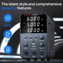 DC Power Supply Variable, 62V 5A Adjustable Switching Regulated DC Bench Power Supply with Intelligent Charging Mode, 18W USB Interface, Precision Encoder Knob