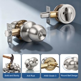 Knobonly Keyed Alike Exterior Door Knob, Round Outdoor Lock with One Sided Deadbolt, Stainless Steel, Satin Nickel Door Knobs, Silver Door Handle Sets, 6 Pack