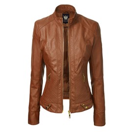 LL WJC747 Womens Dressy Vegan Leather Biker Jacket M CAMEL