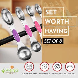 Spring Chef Stainless Steel Magnetic Measuring Spoons Set of 8 with Leveler, Nesting Metal Teaspoon & Tablespoon Measuring Spoons, Kitchen Gadgets for Baking & Cooking, Fits in Most Spice Jars - Neon