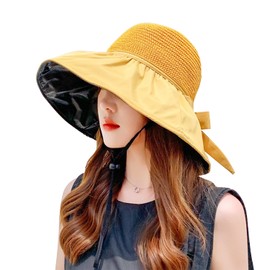 Lhyxuuuk Women's Hat, Sun Protection, UV Protection, Wide Brim, Heat Shielding Coating, Chin Strap, Straw Hat, Foldable, Portable, Convenient, Actress Hat, Ribbon, Cute, Outdoors, Sea, Walks, Travels,